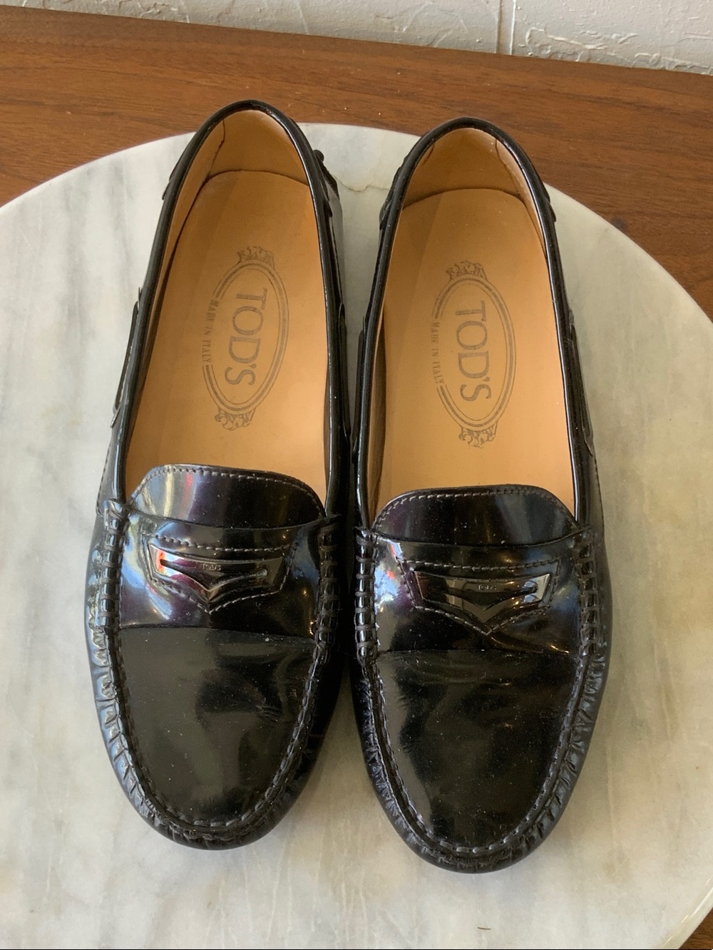 Tod's Black Patent Leather Penny Loafers with Tan Interior